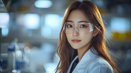 Fototapeta premium Asian Female Chemical Engineer Wearing Lab Coat and Goggles Handling Scientific Equipment and Substances in a Clean Controlled Laboratory Environment for Research and Experimentation