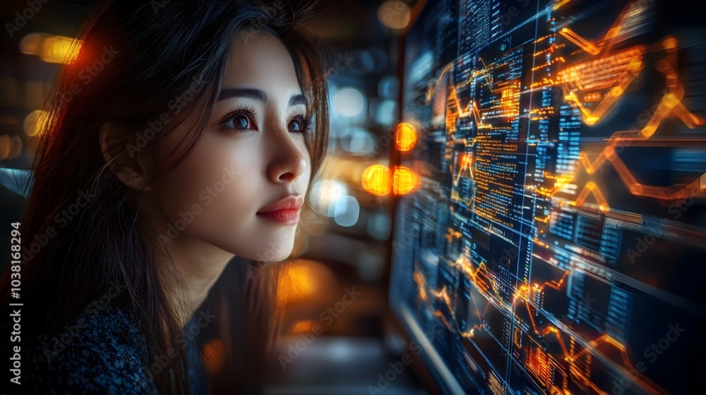 Poster skilled asian woman working as a software engineer sitting at desk coding and analyzing computer pro