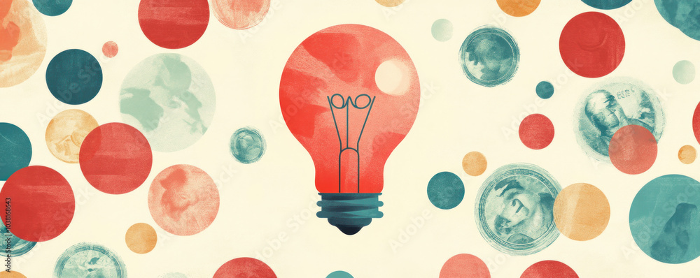 Aufkleber a colorful image of a light bulb surrounded by many small circles. the light bulb is lit up and the 