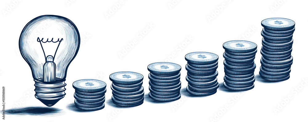 Poster a light bulb is drawn on a white background with stacks of coins. the light bulb is positioned at th