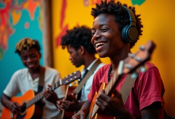 Obraz premium Vibrant Melodies: The Colorful Soundscape of Angolan Youth Celebrating Life Through Music and Dance 
