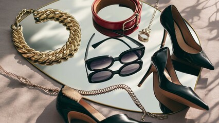 Fashion Accessories on Mirrored Surface with Reflections