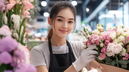 Expert Female Florist Crafting Exquisite Wedding Bouquet Surrounded by Vibrant Flowers and Lush Greenery with Impeccable Precision