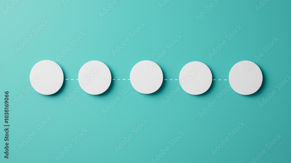 Poster customer journey concept with five blank circles on turquoise background representing steps in proce