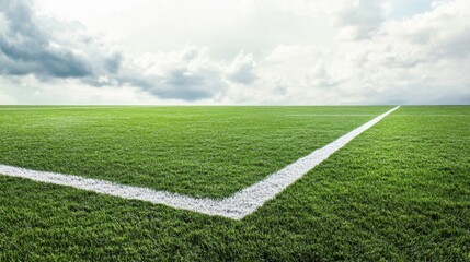 A soccer field's corner area with the grass and white line, outdoor setting under overcast sky, Neat style