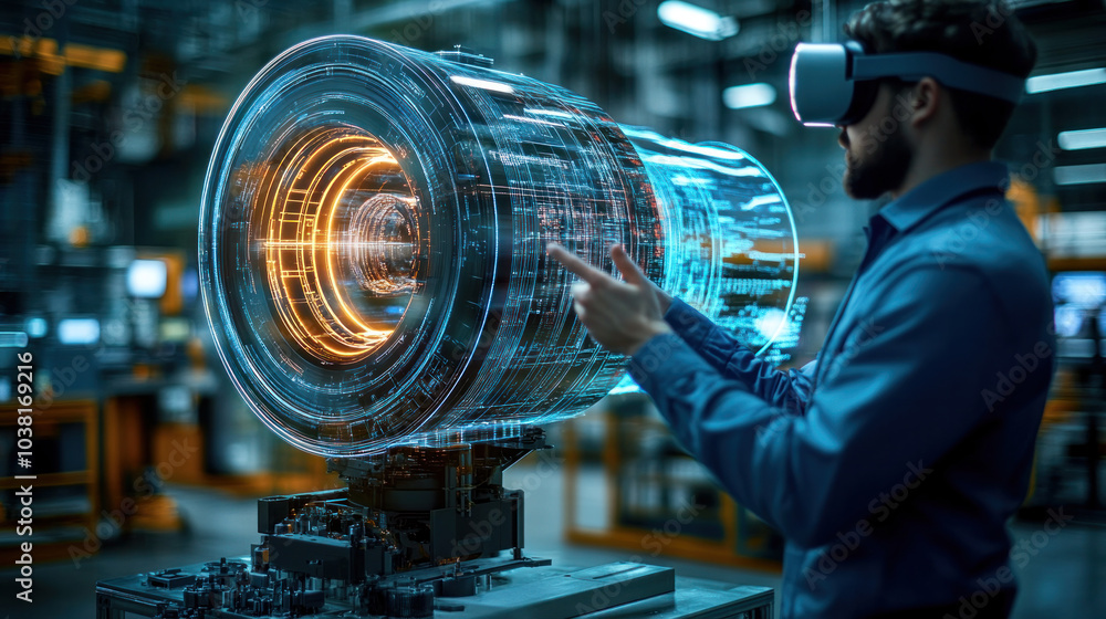 Poster a man is pointing at a futuristic looking object in a virtual reality environment. the object is a l