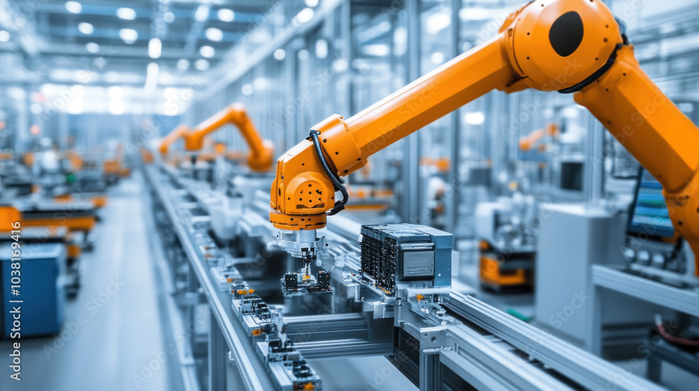 Poster a factory with robots working on a conveyor belt. the robots are orange and are working on a machine