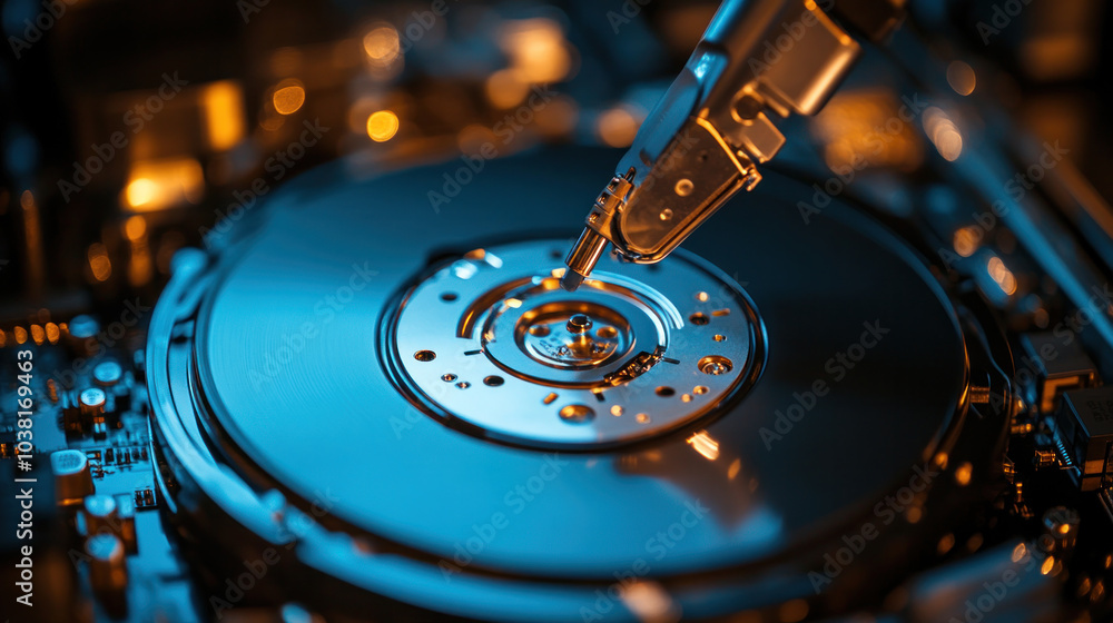 Poster a close up of a hard drive with a small probe on it. concept of curiosity and exploration, as the pr