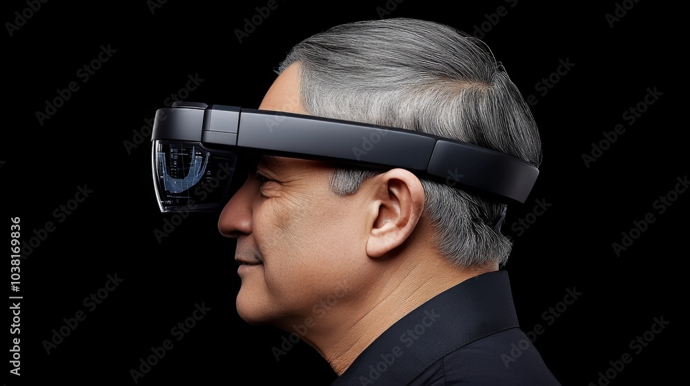 Poster exploring the metaverse: a profile view of a mature man engrossed in a futuristic augmented reality 
