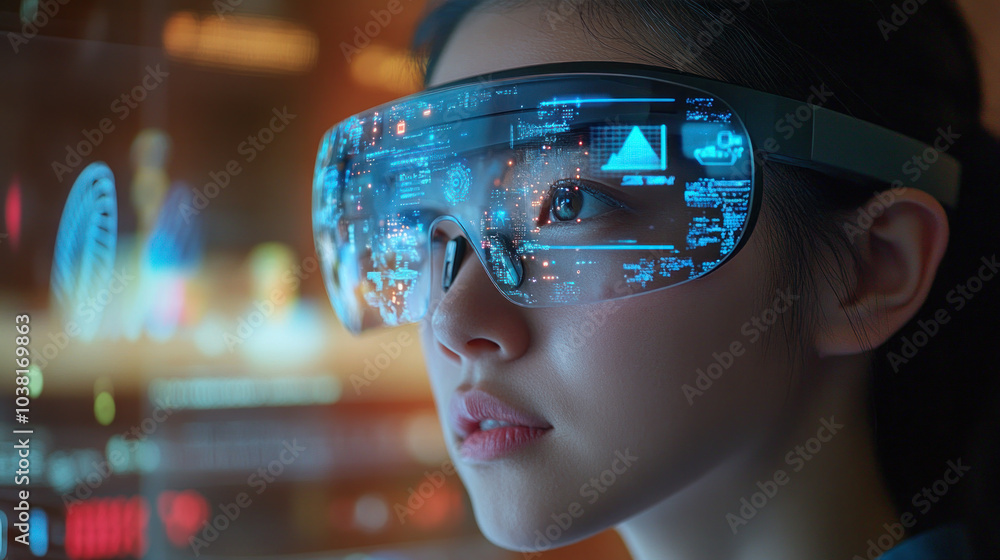 Poster a woman wearing a pair of virtual reality goggles is looking at a computer screen. the screen is fil