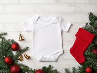 White baby onesie surrounded by festive holiday decorations.