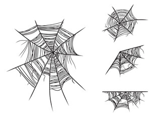 Set of beautiful realistic web net with spider in black isolated on white background. Hand drawn vector sketch illustration in doodle engraved line art vintage style. Happy Halloween, horror, icon