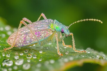 Fototapeta premium Close-up of a colorful iridescent beetle with water droplets on leaf