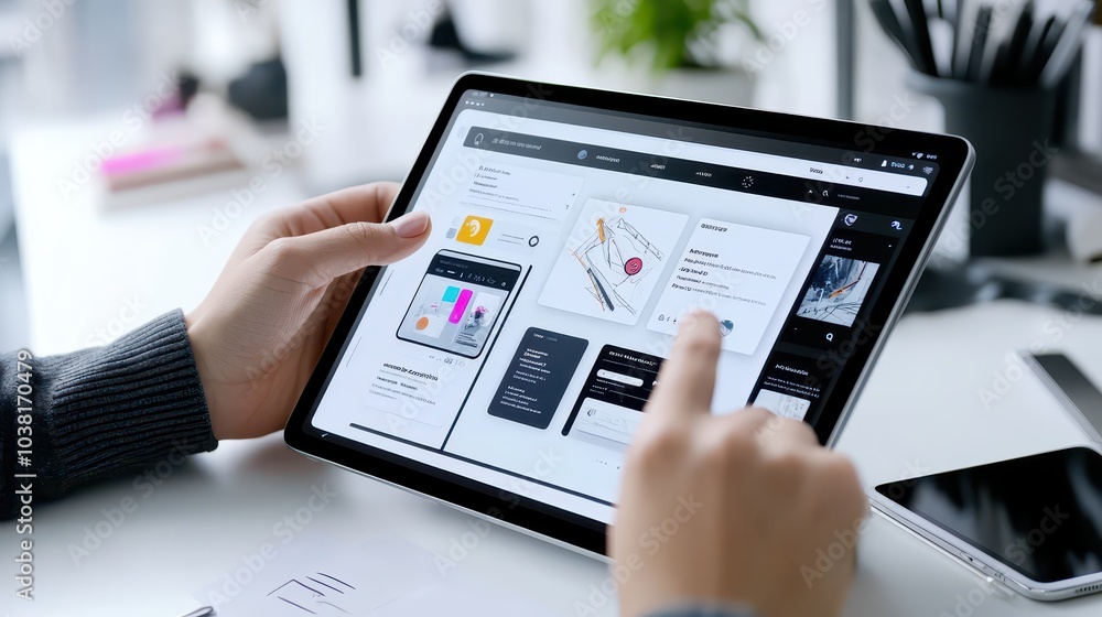 Poster female mobile app designer creating innovative user interfaces on tablet in a creative workspace for