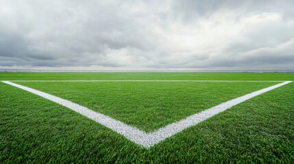 Obraz premium A soccer field's corner area with the grass and white line, outdoor setting under overcast sky, Neat style