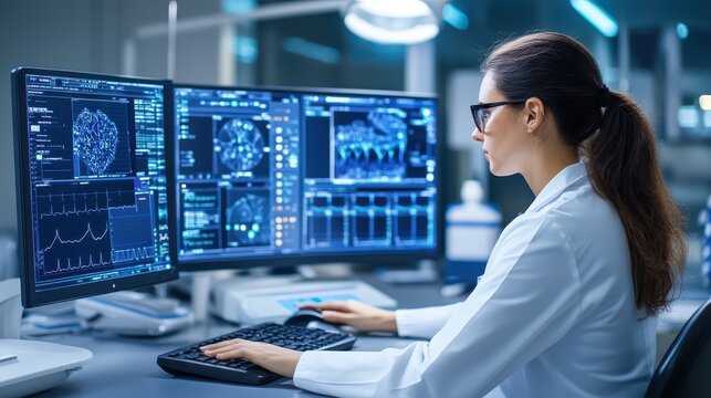 Female Medical Coder Efficiently Inputting Patient Data in a Modern Healthcare Facility's Computer System