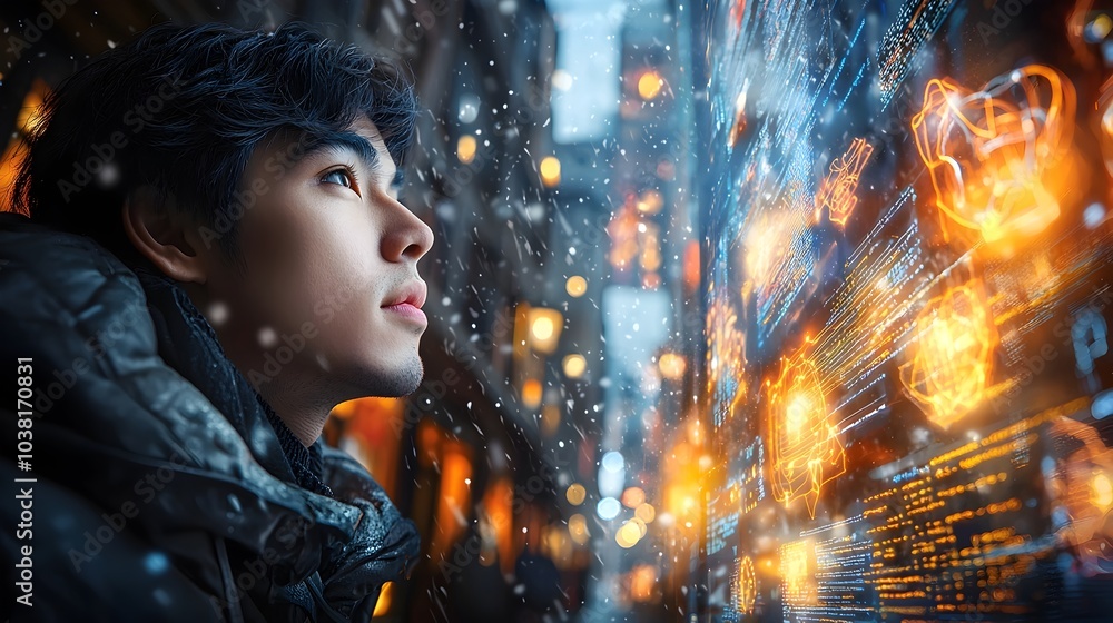 Poster asian software engineer typing on laptop and surrounded by coding screens diagrams in contemporary o