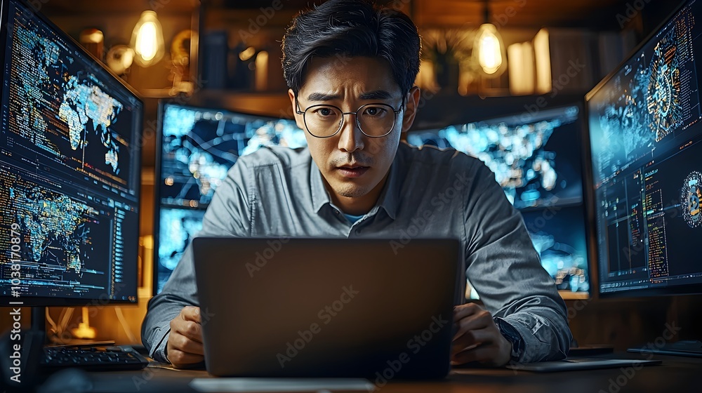 Poster a skilled asian software engineer diligently working on a laptop computer surrounded by coding scree