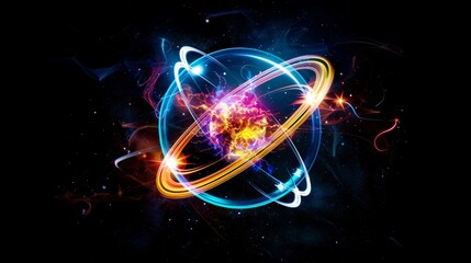 Vivid visualization of an atom  a magnified view of a luminous nucleus and swirling electrons