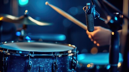 Naklejka premium A musician plays a snare drum in a studio, surrounded by professional recording equipment, with studio lighting creating dramatic shadows. --chaos