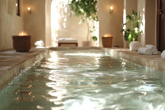 Calm Water in Spa Pool with Towels and Plants