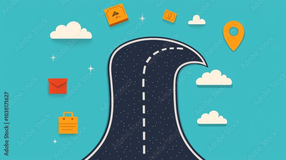 Poster illustration of customer journey concept with roadmap and icons representing different stages of cus