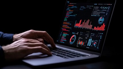 Data Driven Decisions: A close-up shot of a programmer's hands typing on a laptop in a dimly lit room. The screen displays a complex array of data visualizations.