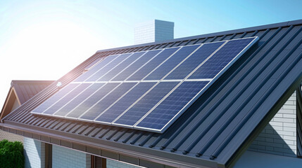 Obraz premium detailed perspective of home rooftop covered with solar panels, showcasing modern energy solutions and sustainable living. bright sunlight enhances scene, reflecting innovation and eco friendliness