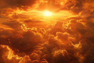 Fototapeta premium cloudscape of beautiful orange sunset sky with clouds, viewed frome above, golden light, photorealistic
