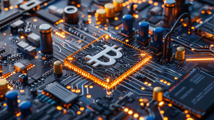 Obraz premium Digital circuit board with Bitcoin symbol, showcasing technology and cryptocurrency. intricate design features glowing elements, representing innovation and modern finance