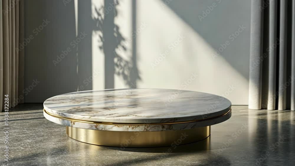 Poster a round marble table with a gold base sits in a room with large windows and sunlight streaming in