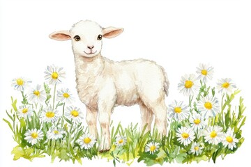 Obraz premium A cute lamb stands among vibrant daisies, embodying the essence of spring and nature's beauty in a serene landscape.