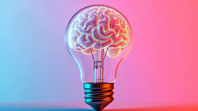 A human brain inside a light bulb with a pink and blue background