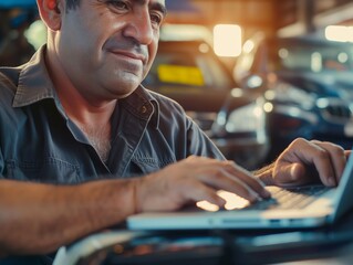 The mechanic is using a tablet to diagnose or review the engine, reflecting how computing and electronics have become essential tools in the field of automotive mechanics.
