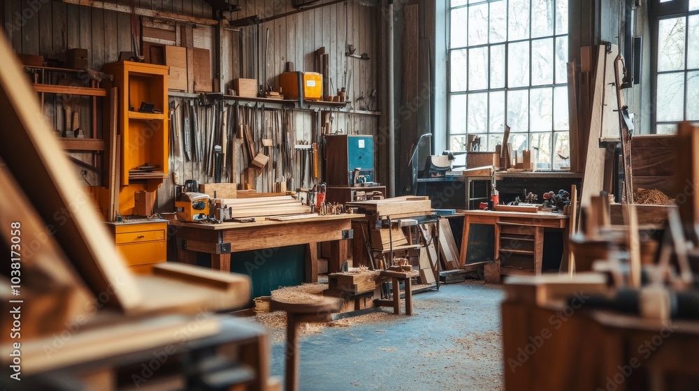 Poster A bustling woodworking workshop with tools and timber, Woodcraft tools neatly displayed in a busy studio, Craftsmanship skill style