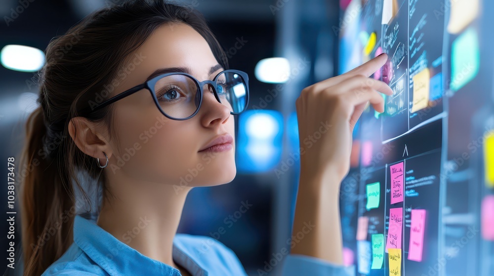 Poster female ux researcher observing user testing sessions in a modern tech office with interactive feedba