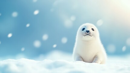 Fototapeta premium Cute seal pup sitting in snow, soft blue background, winter wonderland atmosphere