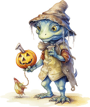 Fantasy Cute Spooky Orange Halloween Monster Creature, witch hat,character,children's book,maple leaves,pumpkin,rustic,adventure,smile,celebration