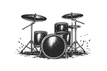 Black and White Drum Set Illustration