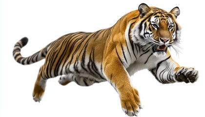 Fototapeta premium A dynamic image of a tiger in mid-leap, showcasing its strength and agility.