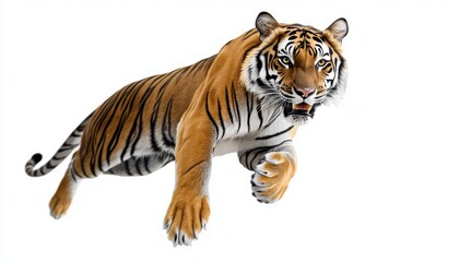 Fototapeta premium A dynamic image of a tiger leaping forward, showcasing its strength and agility against a plain background.