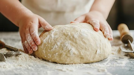 Closeup of child s hands shaping dough into a loaf, flourdusted counter, oldfashioned kitchen tools, Main Keyword child baking, Concept tactile experience