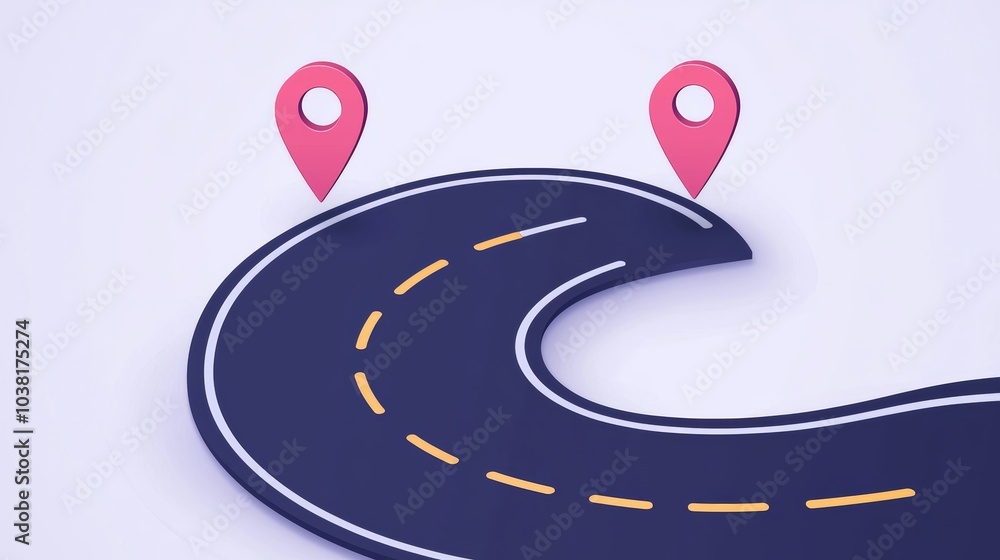 Poster customer journey concept with curved road and location pins representing path to purchase and custom