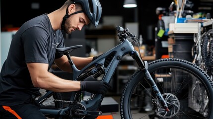 Skilled Male Bicycle Mechanic Fine-Tuning Gears on a Mountain Bike in a Cozy Repair Shop Environment