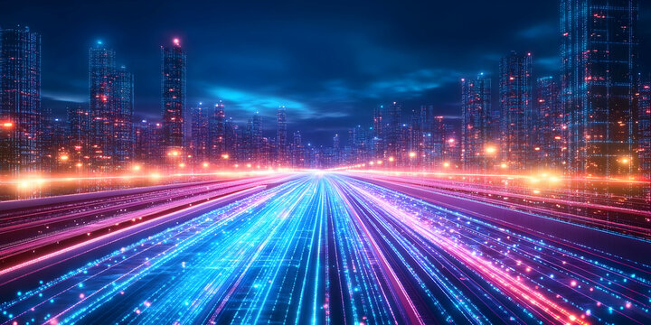 Digital Cityscape with Illuminated Highway