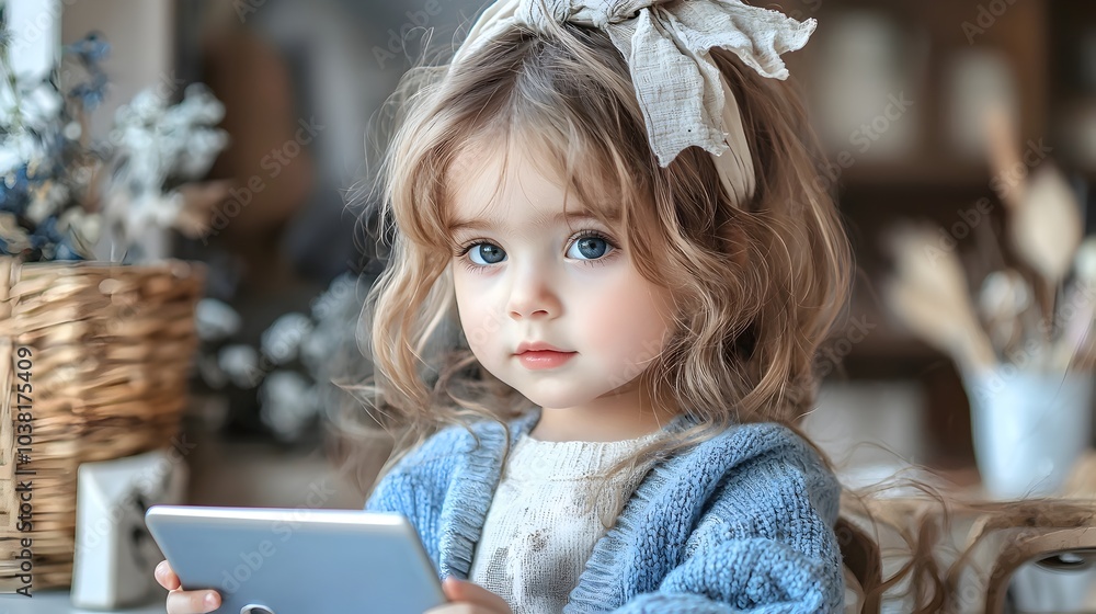 Poster kindergarten child using educational tablet for learning numbers and letters in a modern classroom w