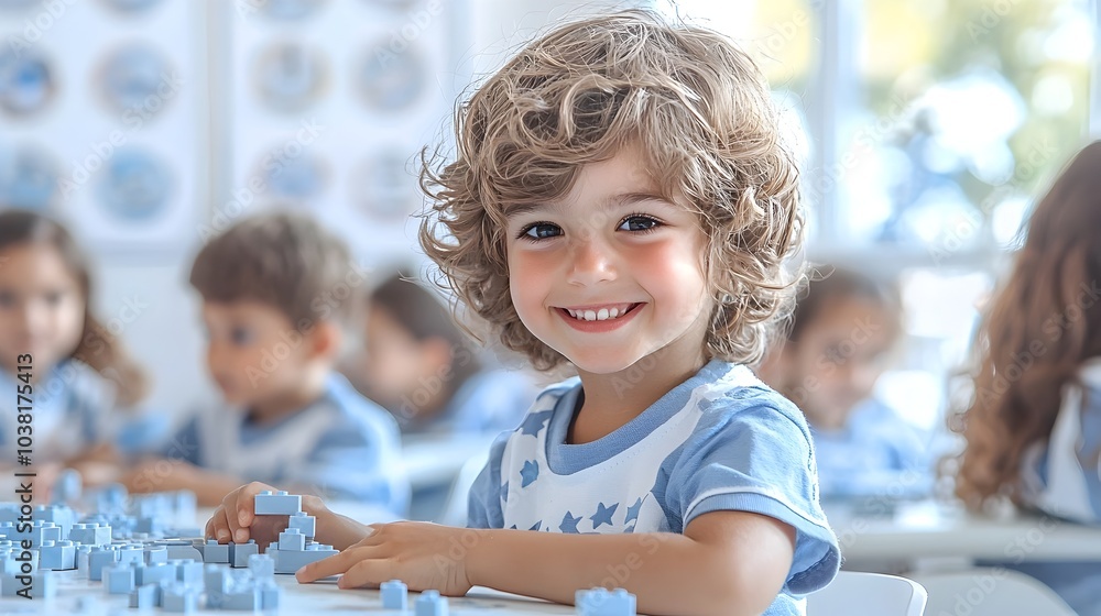Poster kindergarten children working together in a fun and interactive classroom building structures with c