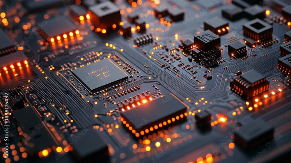 Poster a close-up view of a circuit board with glowing orange lights, illustrating the complex inner workin