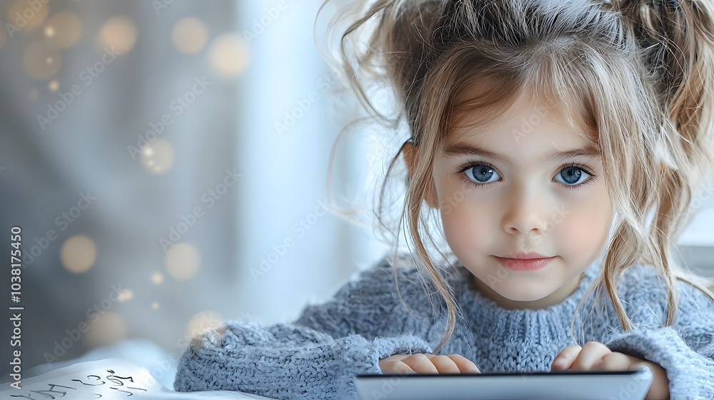 Poster kindergarten student exploring educational tablet and interactive technology in modern classroom set