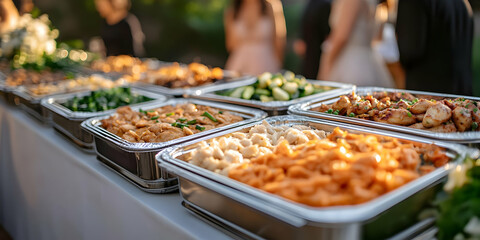 Catering Buffet Table with Various Dishes.